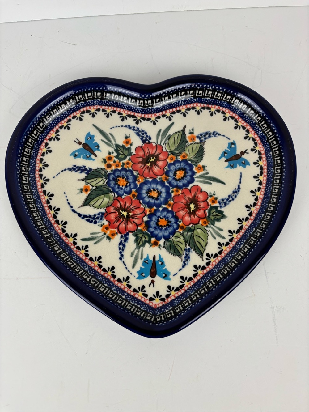 Blue Rose Polish Pottery Hand-painted Floral/Butterfly Design/Heart-shaped